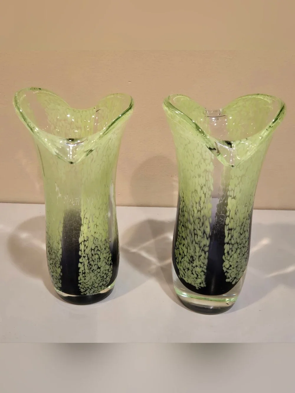 Handblown Teleflora Art Glass Vase Pair - Lime Green and Black